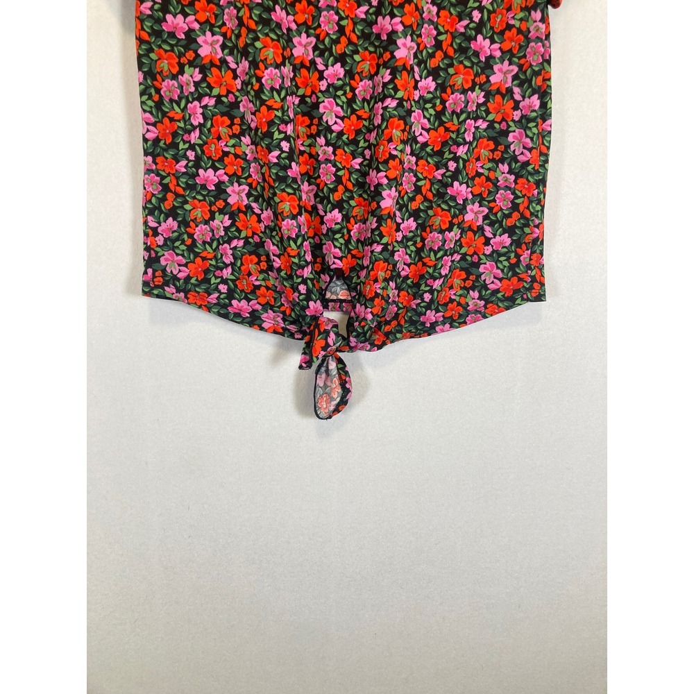Cottagecore W5 Womens Size S Black Pink‎ Floral Front Tie Short Sleeve Top - Picture 8 of 10